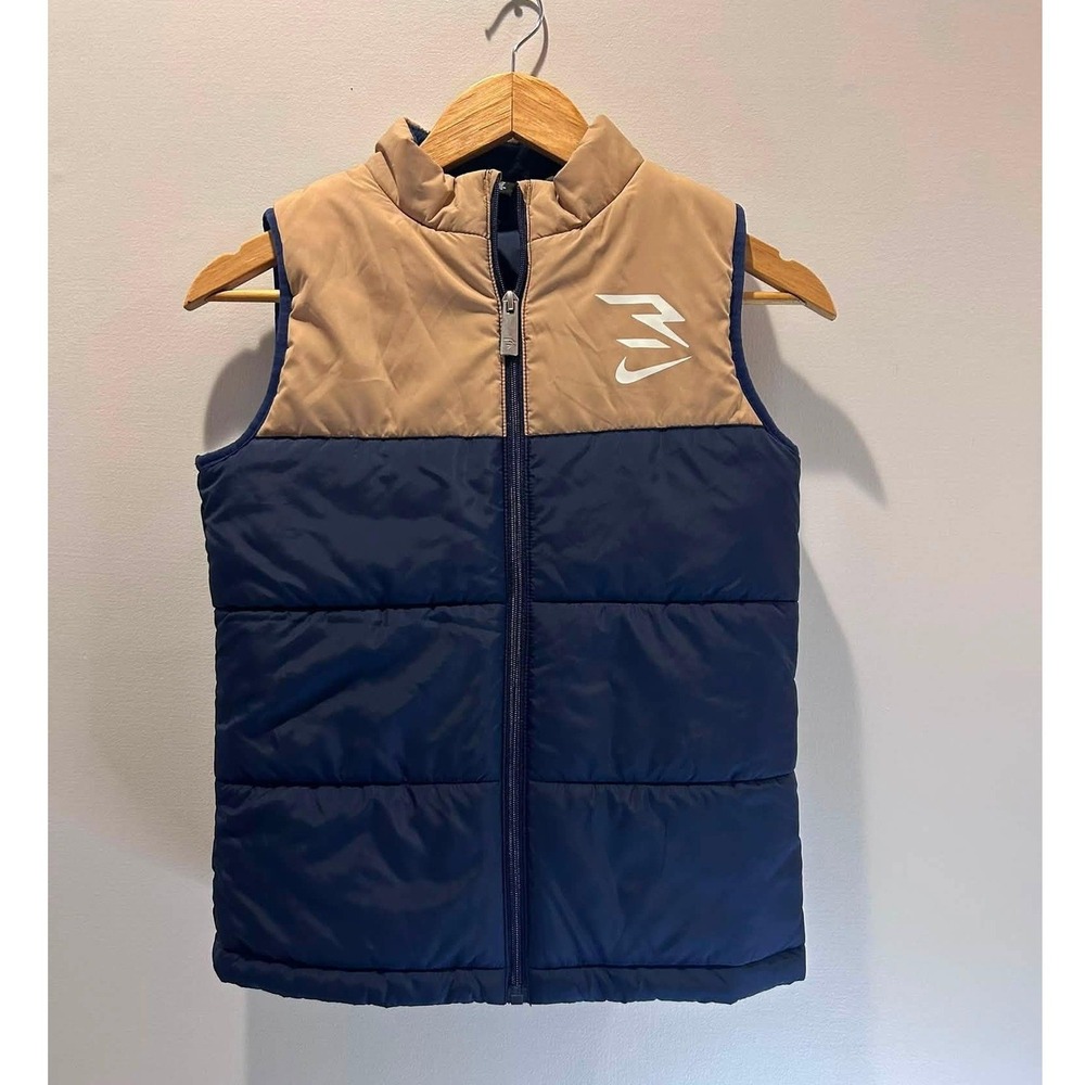 3 Brand Nike Puffer Vest Boys Size 10 Navy Blue Tan Russell Wilson Quilted Zip
